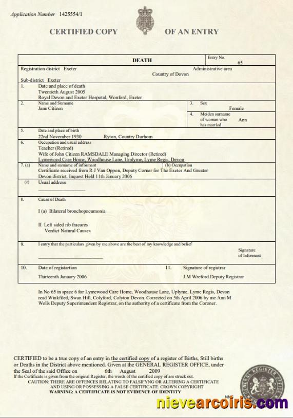 United Kingdom death certificate